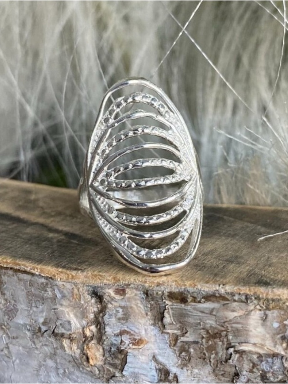 Handmade 925 Silver elongated Openwork Oval Statement Ring SZ 7